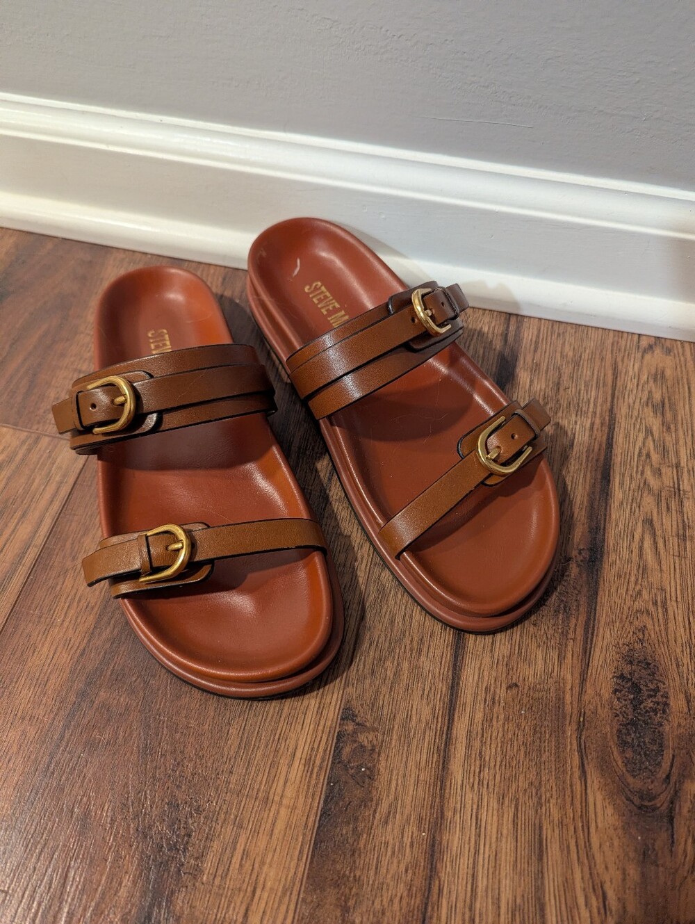 Steve Madden Brown Double Buckle Slide Sandals